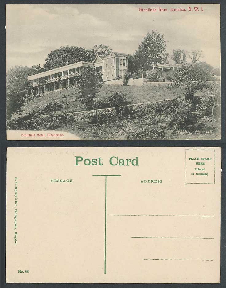 Jamaica Greetings from Old Postcard Bromfield Hotel Buildings Mandeville B.W.I.