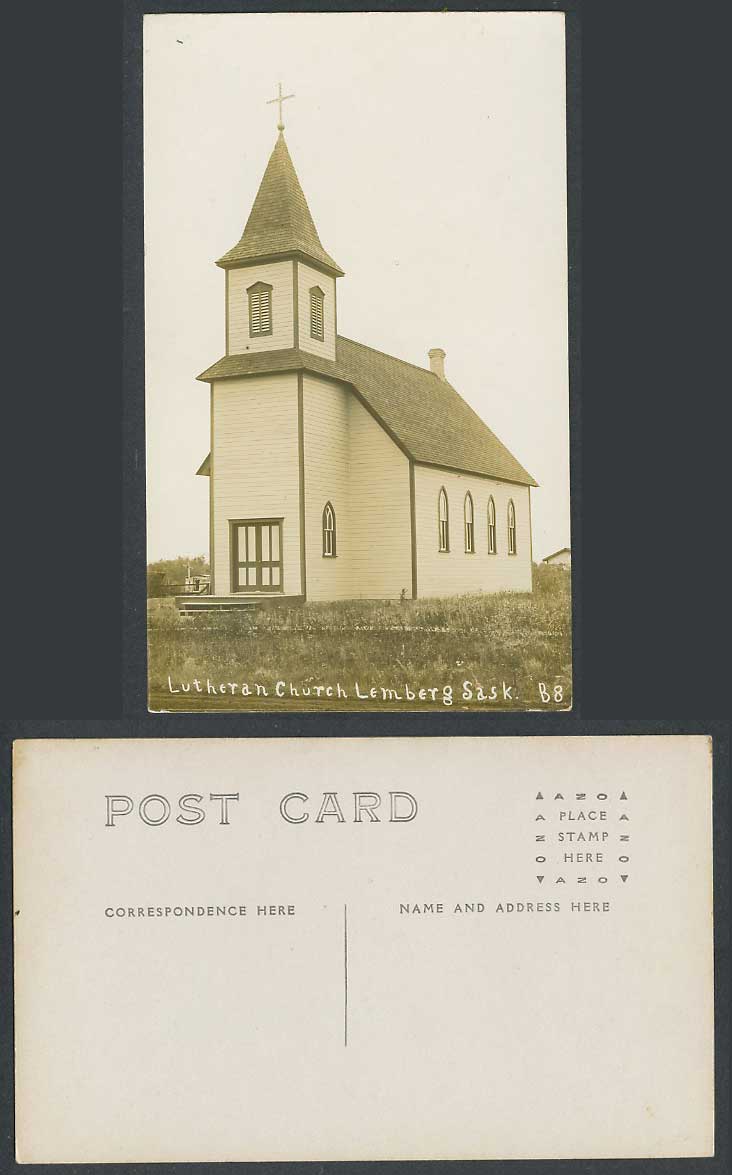 Canada Old Real Photo Postcard Lutheran Church Lemberg, Sask Saskatchewan, Cross
