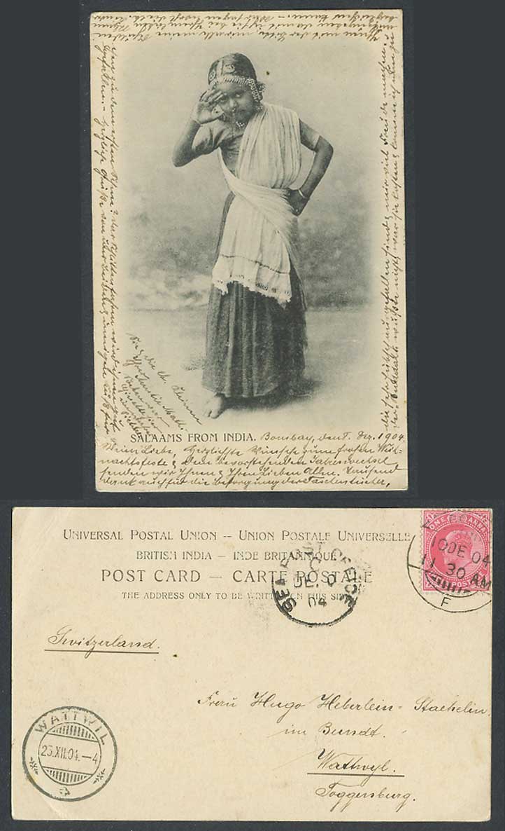 India Sea PO KE7 1a 1904 Old UB Postcard SALAAMS from India, Dancing Girl Dancer