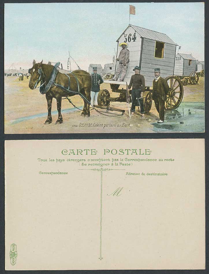 Belgium Ostende Oostende Beach, Horse Bathing Machine No. 64 Old Colour Postcard