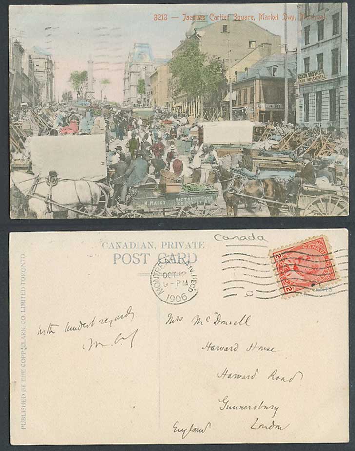 Canada 1906 Old Hand Tinted Postcard Jacques Cartier Square Market Day, Montreal