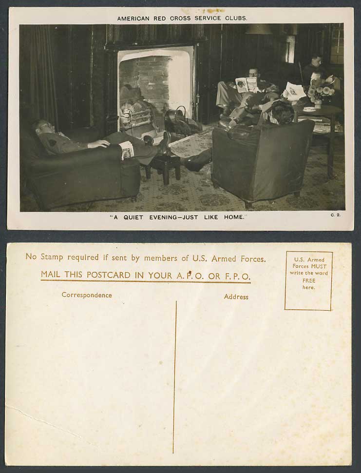 American Red Cross Service Club Soldiers, A Quiet Evening Like Home Old Postcard