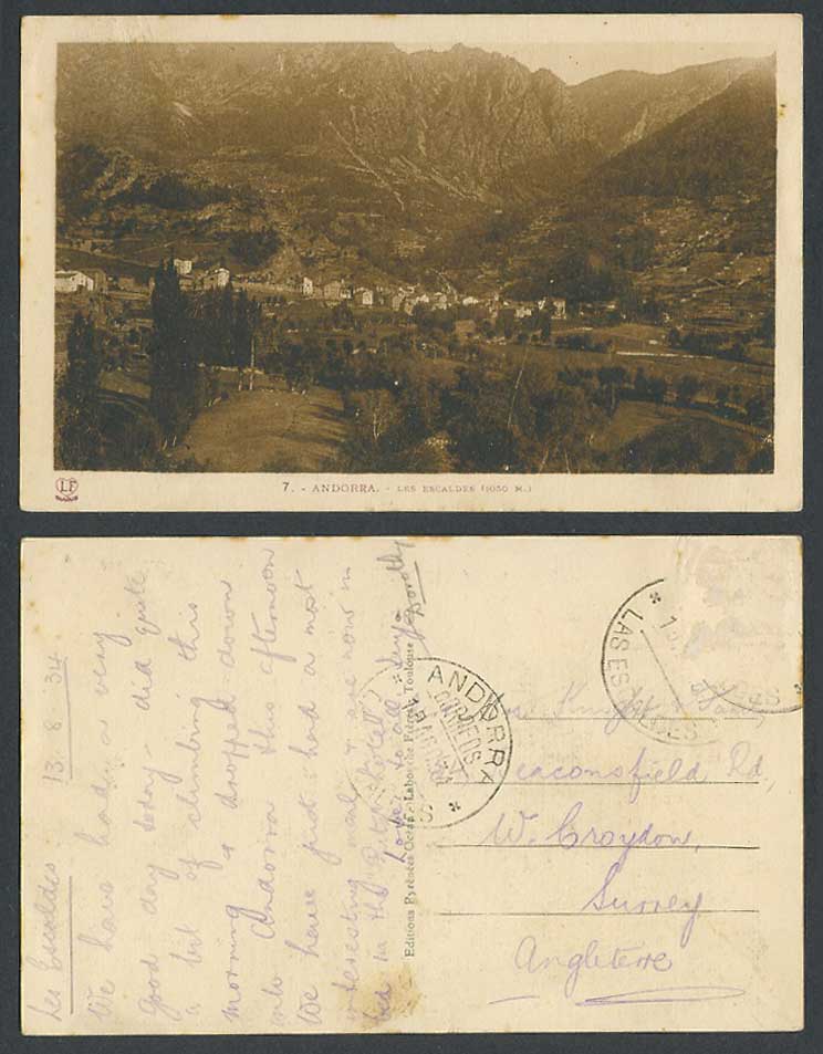 Andorra 1934 Old Postcard Les Escaldes 1030m Mountains General View Panorama LF7