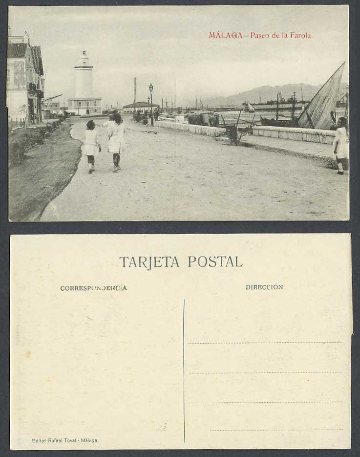 Spain Old Postcard Malaga Paseo de la Farola, Lighthouse, Street, Harbour, Boats