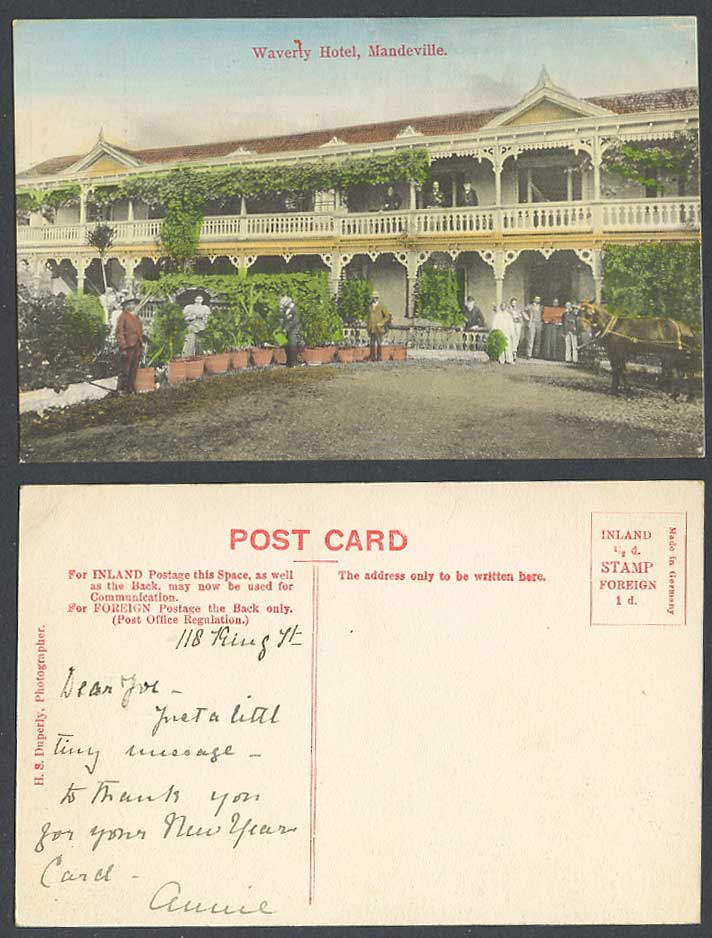 Jamaica Old Hand Tinted Postcard Waverly Hotel, Mandeville, Horse, H.S. Duperly