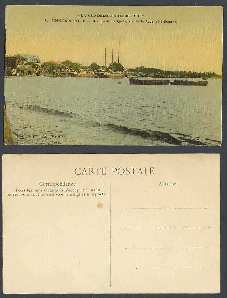 Guadeloupe Old Postcard Pointe a Pitre Quays from Bay Customs Boats Panorama 45.