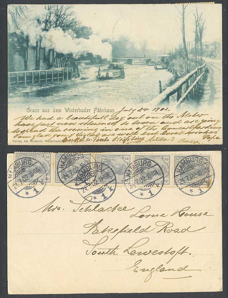 Germany 2pfx2 1902 Old Postcard Gruss aus dem Winterhunder Faehrhaus Boat Bridge