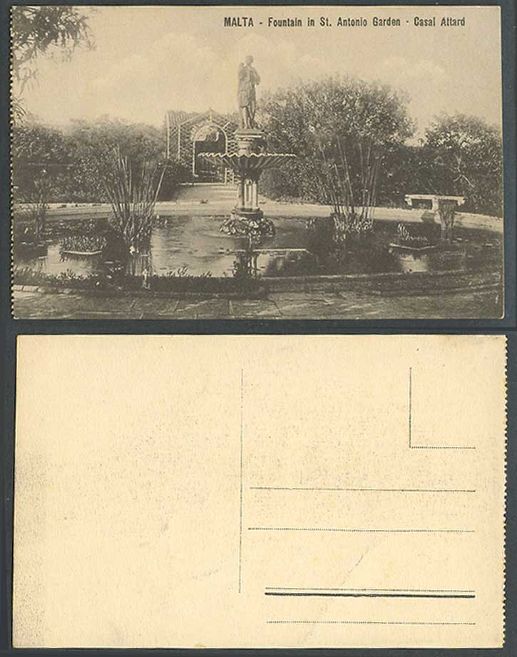 Malta Old Postcard Fountain in St. Antonio Garden, Casal Attard, Statue Monument