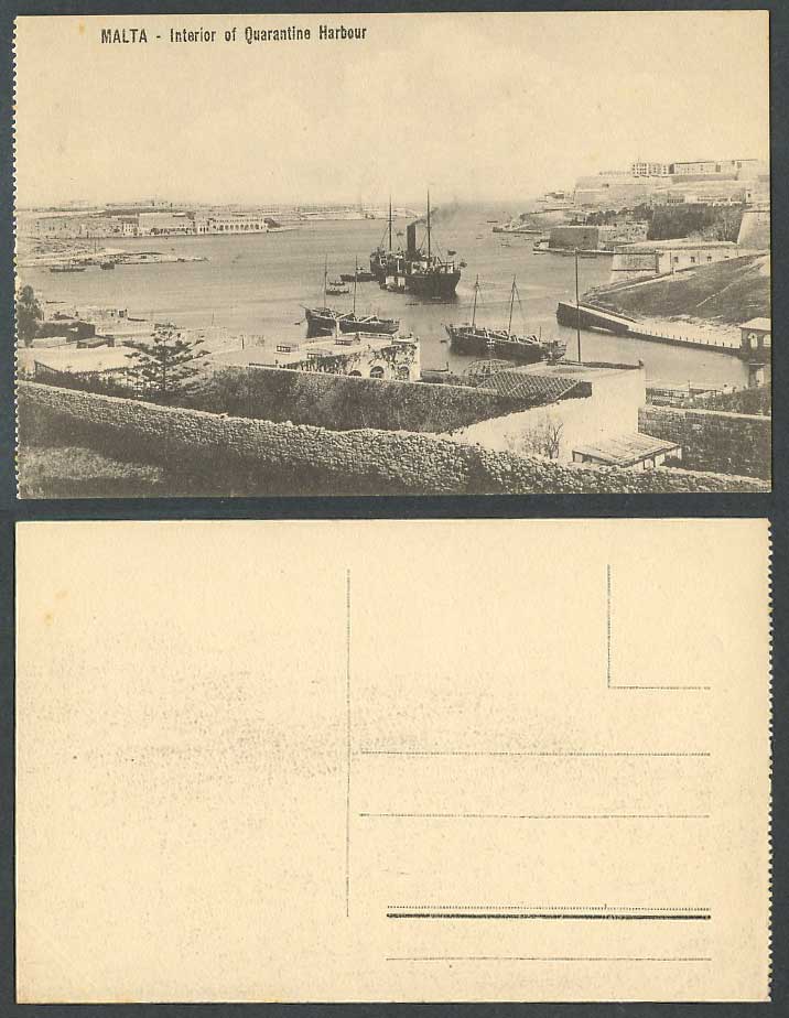 Malta Old Postcard QUARANTINE HARBOUR Interior Steamer Steam Ship Boats Panorama