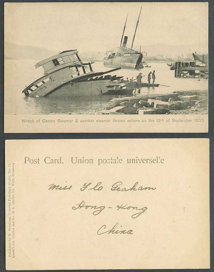 Hong Kong Wreck of Canton Steamer Thrown Ashore 18th September 1906 Old Postcard