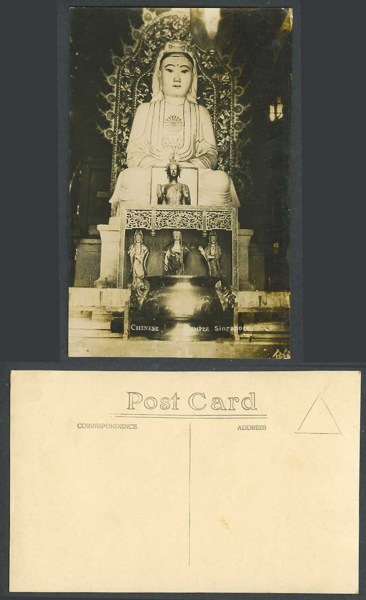 Singapore Old Real Photo Postcard Chinese Temple Interior Guanyin Buddha Statues