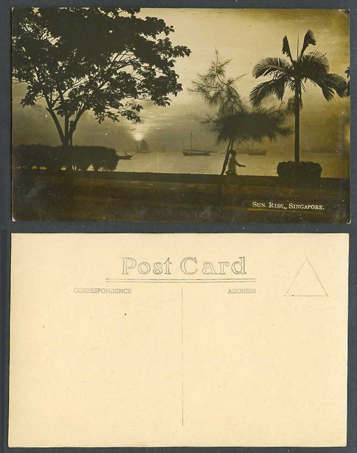 Singapore Old R. Photo Postcard Sun Rise Sunrise Harbour, Sailing Boat Palm Tree