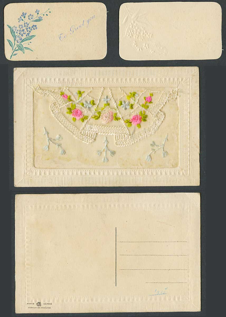 WW1 SILK Embroidered French 1915 Old Postcard Flowers, To Greet You Card, Wallet