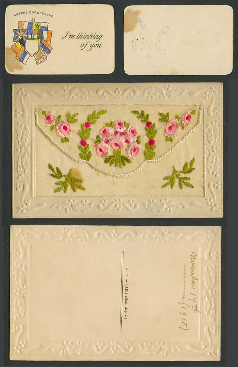 WW1 SILK Embroidered 1915 Old Postcard Flower I'm Thinking of You Card in Wallet