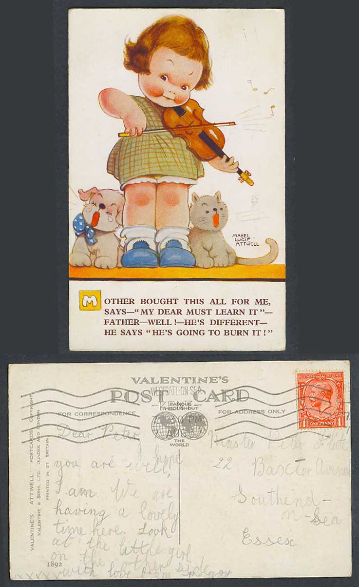 MABEL LUCIE ATTWELL 1932 Old Postcard Girl Playing VIOLIN Violinist Dog Cat 1892