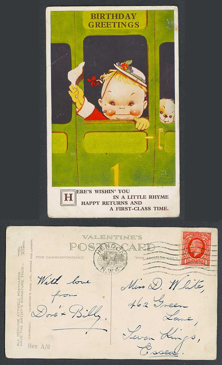 MABEL LUCIE ATTWELL 1935 Old Postcard Birthday Greetings 1st Class Train Set A/2