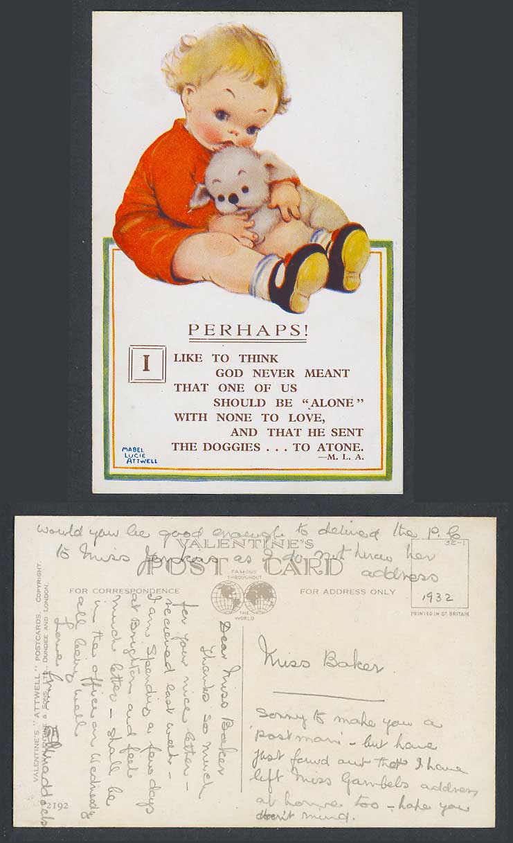 MABEL LUCIE ATTWELL 1932 Old Postcard Dog None to Love Sent Doggie to Atone 2192