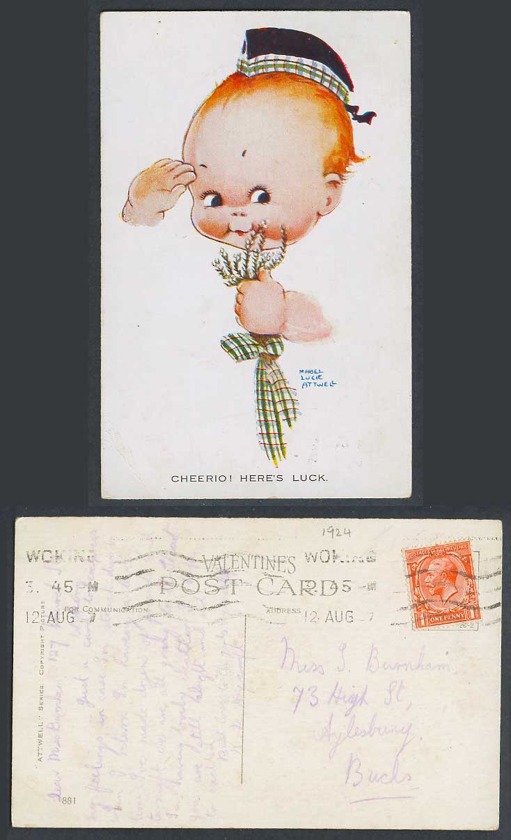 MABEL LUCIE ATTWELL 1927 Old Postcard Cheerio Here's Luck Salute Heather Boy 881