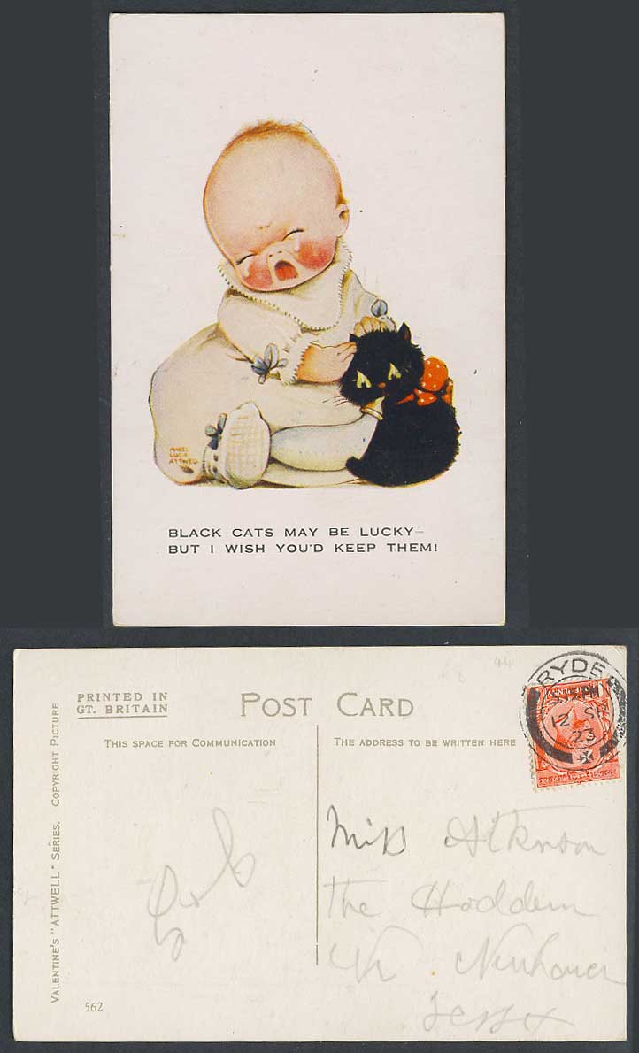 MABEL LUCIE ATTWELL 1923 Old Postcard Black Cats Lucky, Wish You'd Keep Them 562