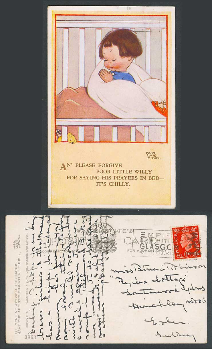 MABEL LUCIE ATTWELL 1938 Old Postcard Willy Says Prayers In Bed 3863 Empire Expo