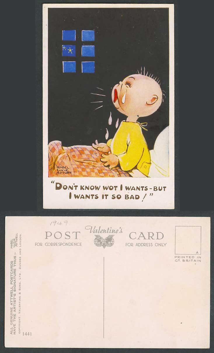 MABEL LUCIE ATTWELL 1949 Old Postcard Don't Know Wot, But I Wants It So Bad 1441