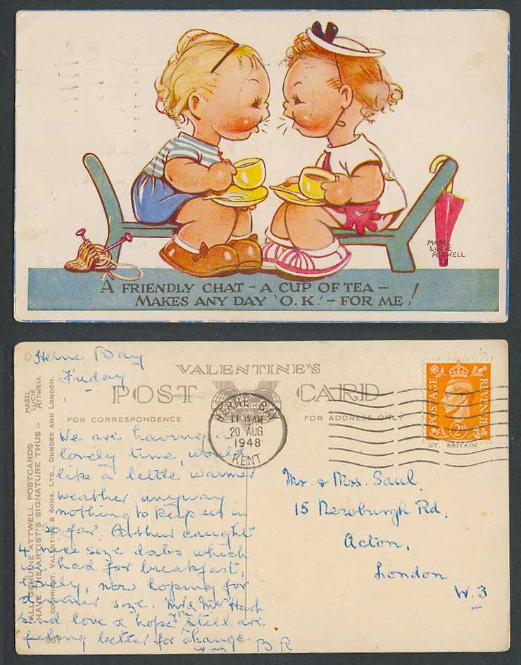 MABEL LUCIE ATTWELL 1948 Old Postcard Friendly Chat Cup of Tea Makes Day OK 867