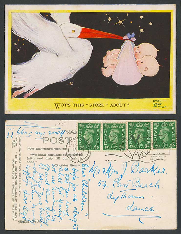 MABEL LUCIE ATTWELL 1945 Old Postcard Wot's This Stork About? Twins Babies 3703
