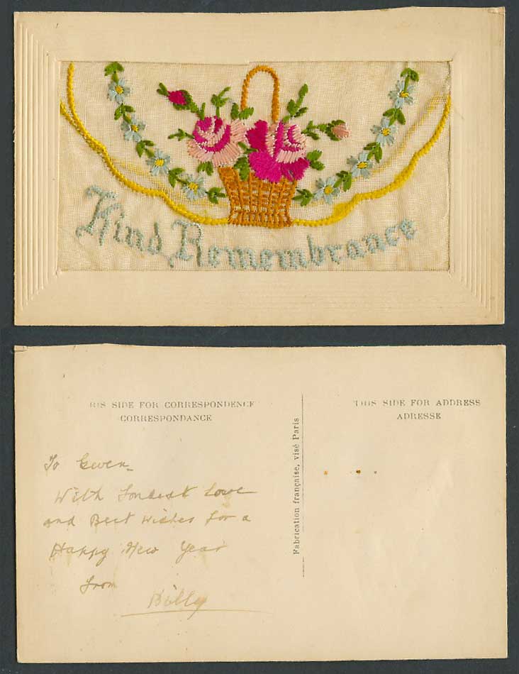 WW1 SILK Embroidered Old Postcard Kind Remembrance, Flowers Basket, Empty Wallet