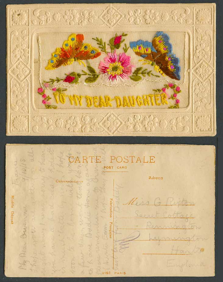 WW1 SILK Embroidered 1918 Old Postcard To My Dear Daughter, Butterflies, Wallet