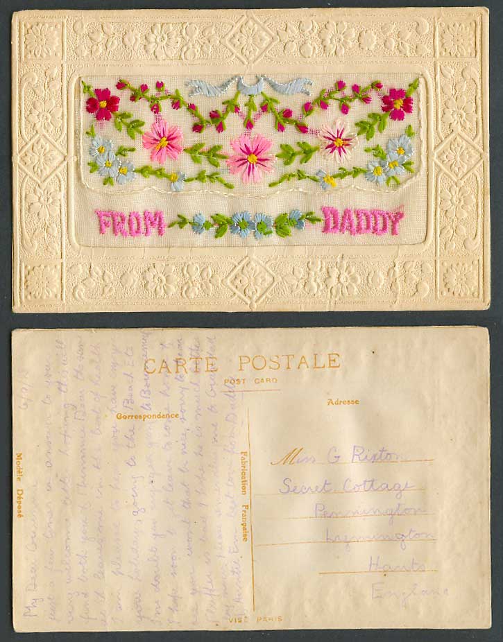 WW1 SILK Embroidered French 1918 Old Postcard From Daddy, Flowers, Empty Wallet