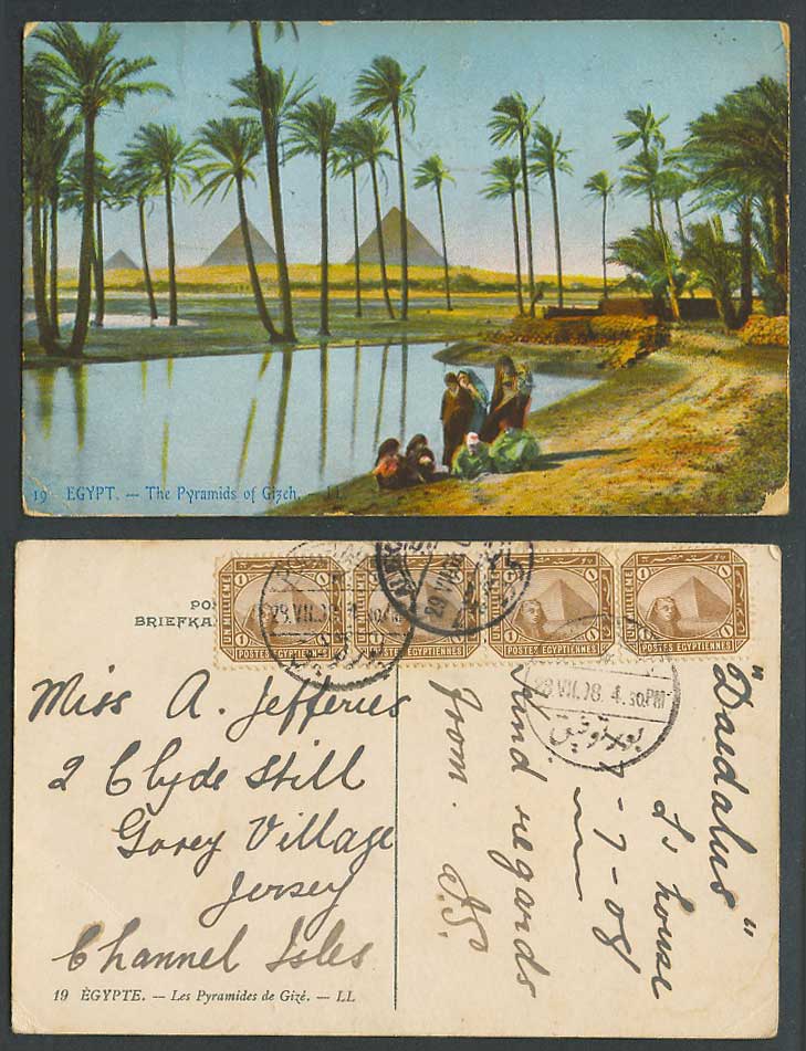 Egypt 1m x 4 1908 Old Postcard Cairo, Pyramids of Gizeh Giza, Palm Trees L.L. 19