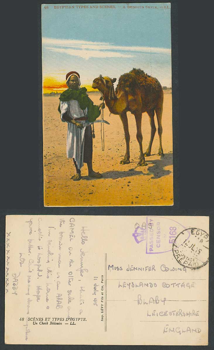 Egypt Prepaid WW2 Censored 1945 Old Postcard A Beduin Sheik Camel Bedouin L.L.48