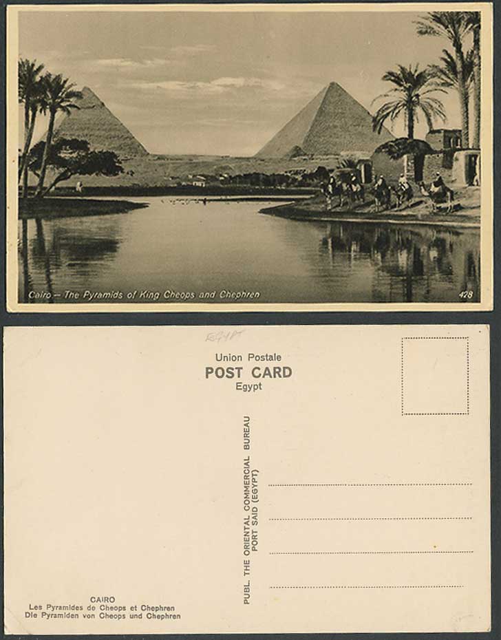 Egypt Old Postcard The Pyramids of King Cheops and Chephren, Camel Riders Camels