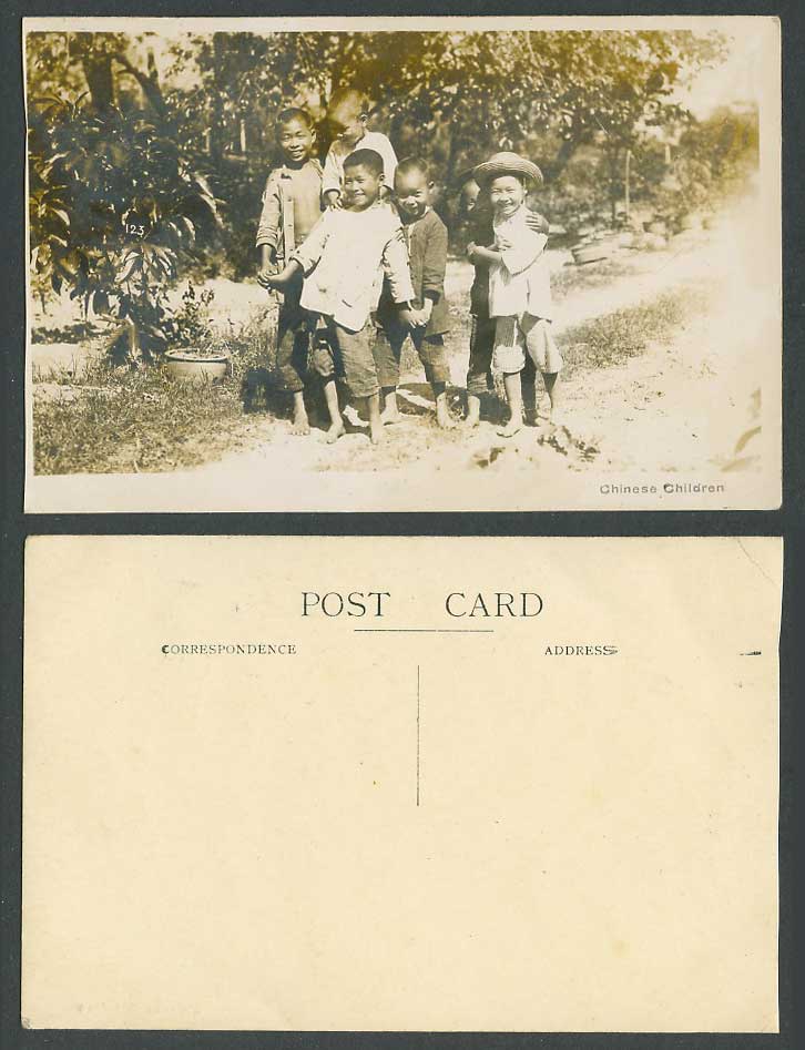 China Old Real Photo Postcard Group of Chinese Children Little Boys Barefoot Hat