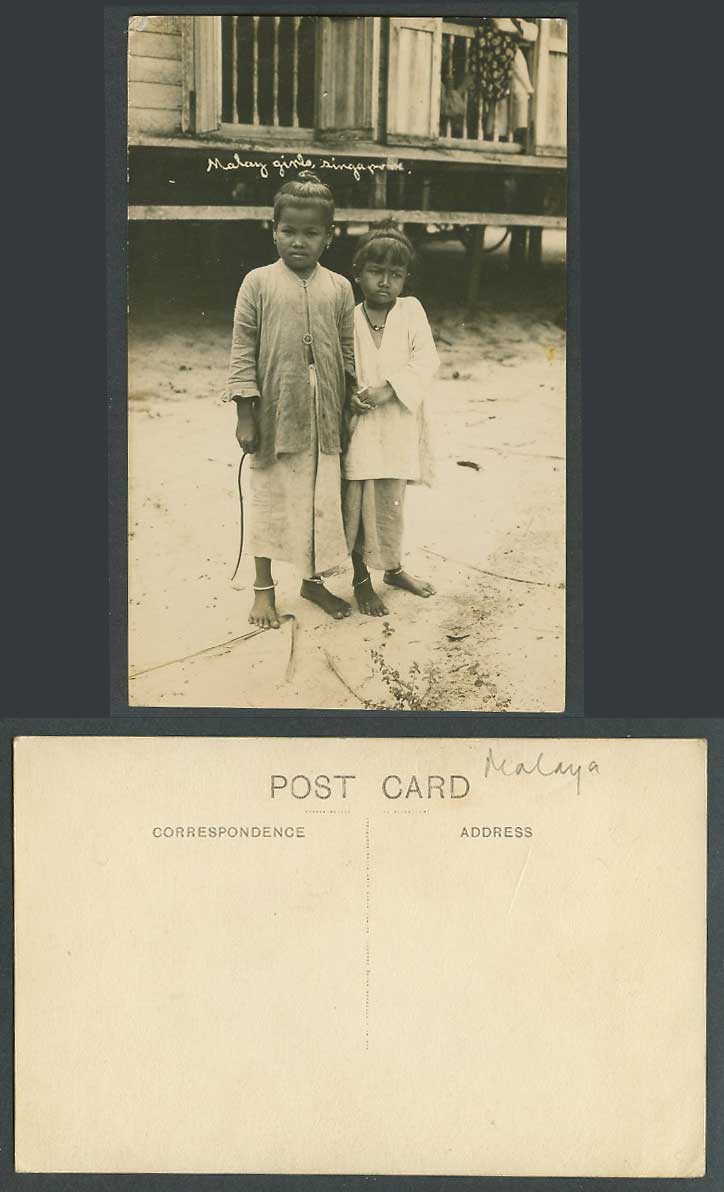 Singapore Old Real Photo Postcard 2 Little Malay Girls Children, House on Stilts