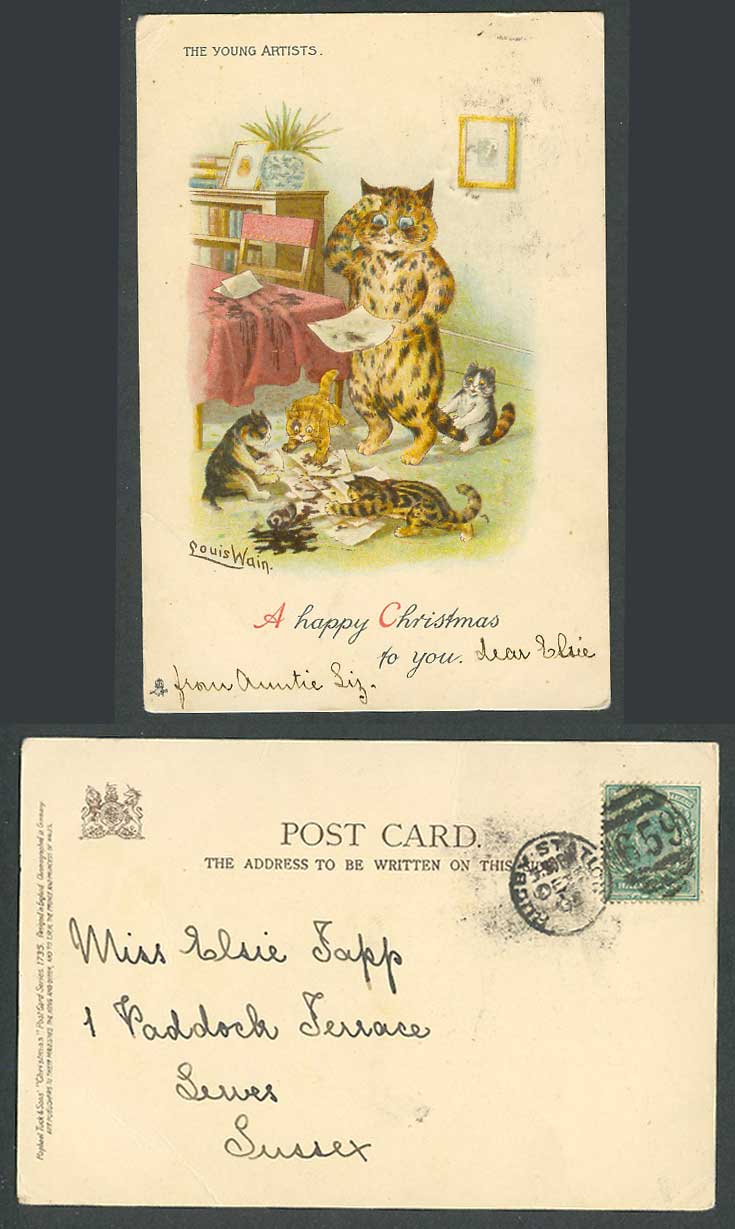 LOUIS WAIN Artist Signed Cats, Young Artists Happy Xmas 1903 Old Tuck's Postcard