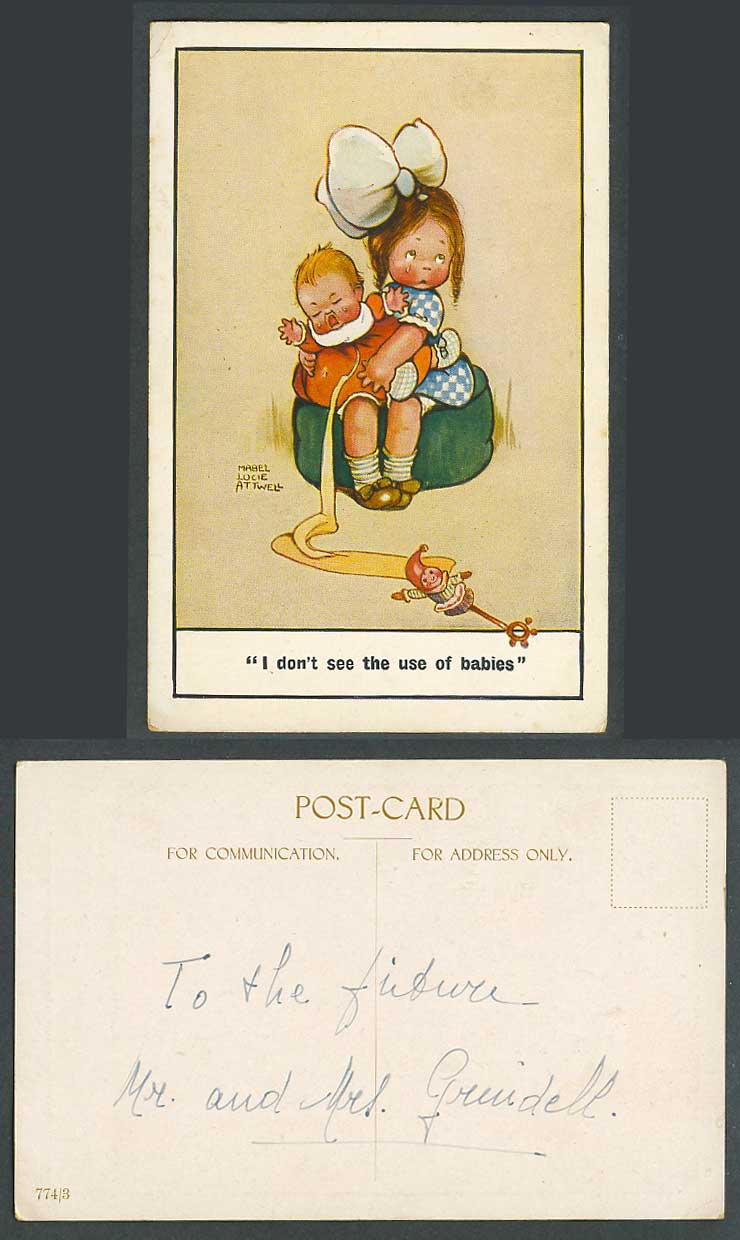 MABEL LUCIE ATTWELL Old Postcard I Don't See The Use of Babies, Clown Toy, 774/3