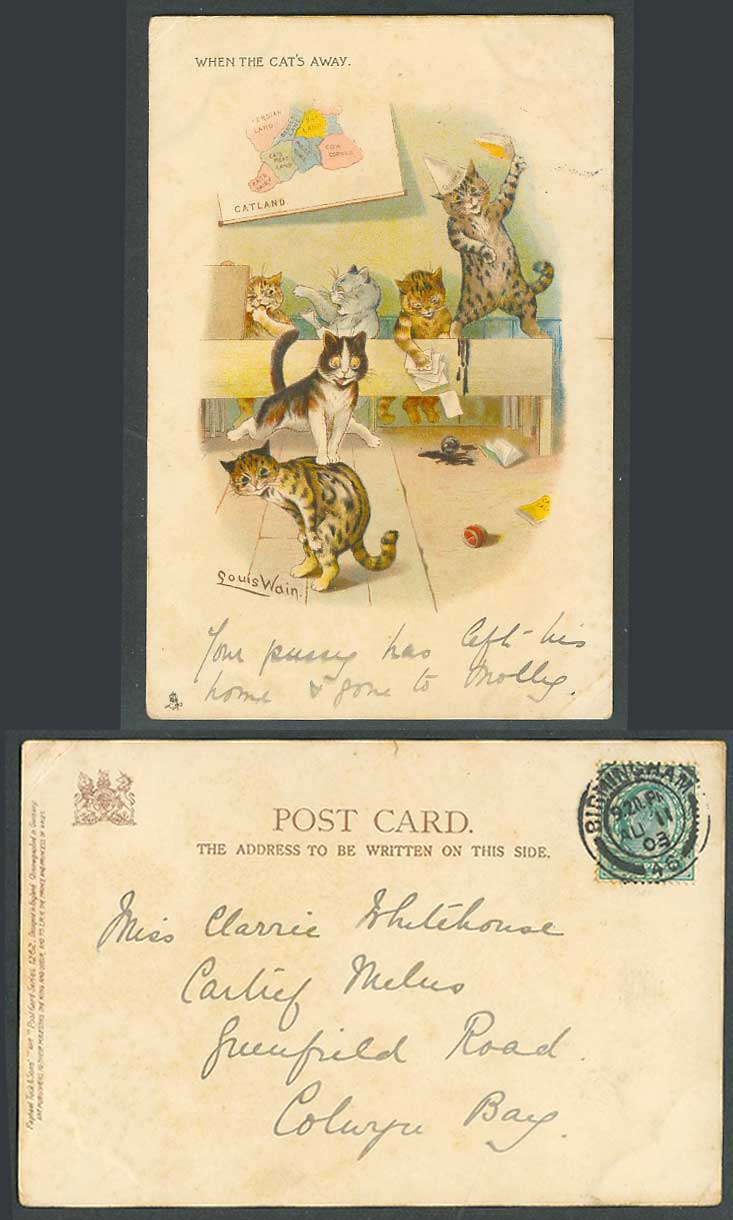 Louis Wain Artist Signed When Cat's Away Catland MAP 1903 Old Tuck's UB Postcard