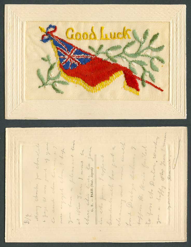 WW1 SILK Embroidered Old Postcard Good Luck, Christmas Mistletoe,  Flag, Novelty