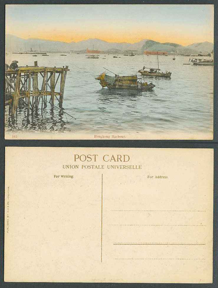 Hong Kong Harbour Old Hand Tinted Postcard Sampan Boats Ship Angling Fishing 142