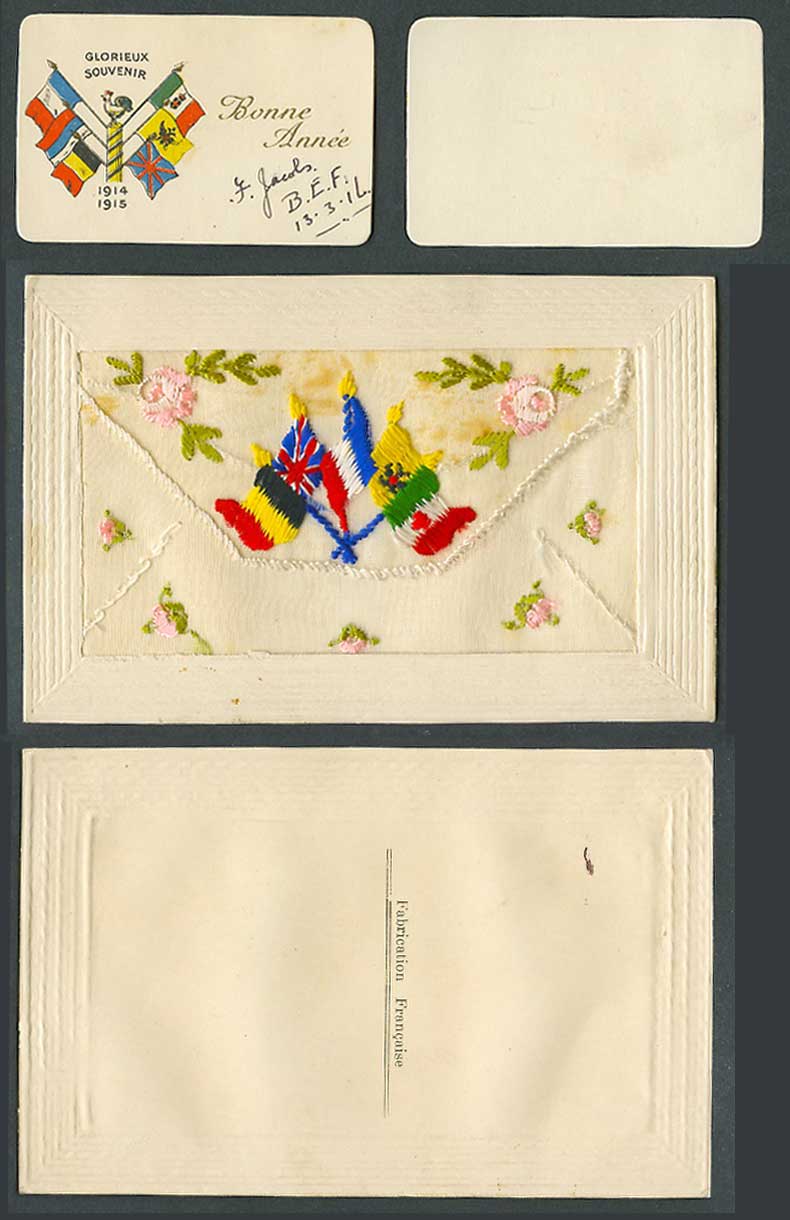 WW1 SILK Embroidered 1916 Old Postcard Bonne Annee B.E.F. Flags 1914 1915 Wallet