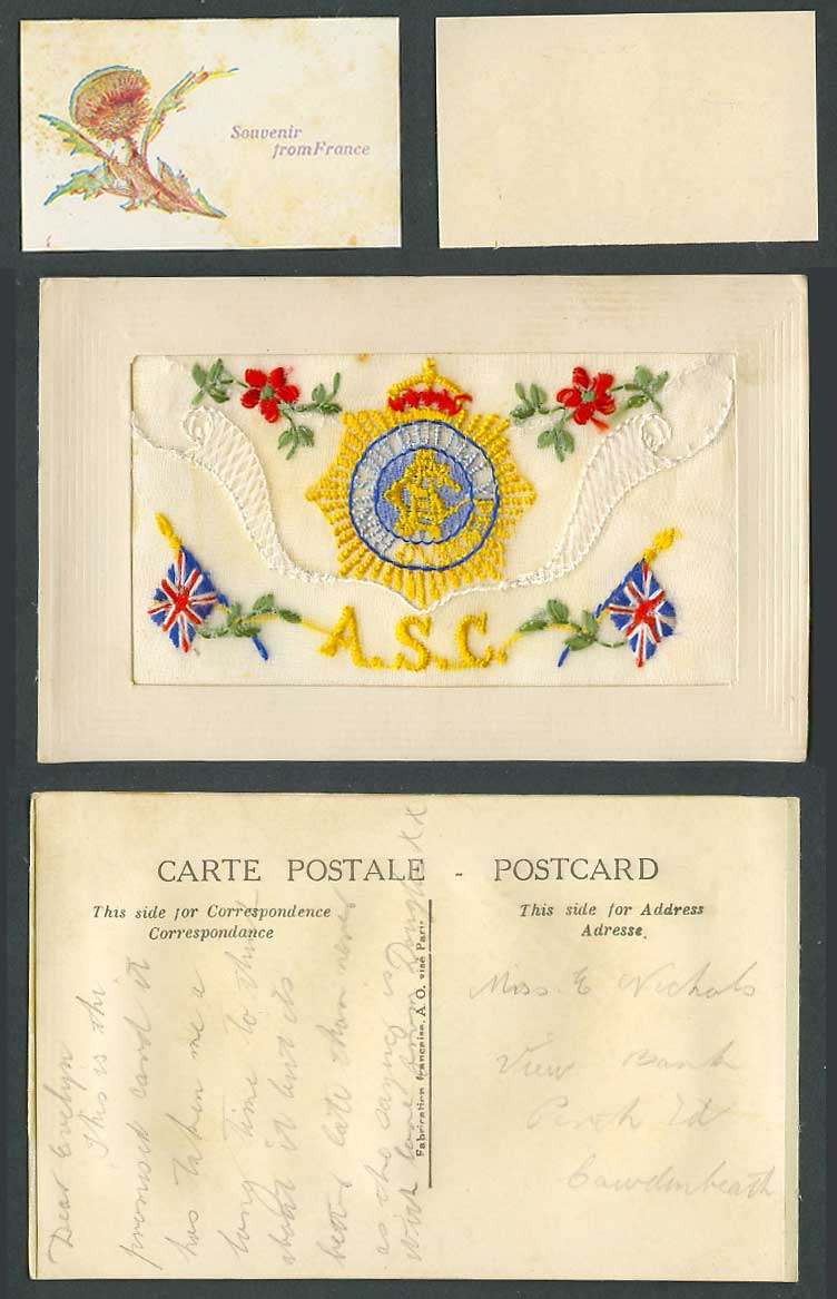 WW1 SILK Embroidered Old Postcard A.S.C. Army Service Corps Souvenir from France