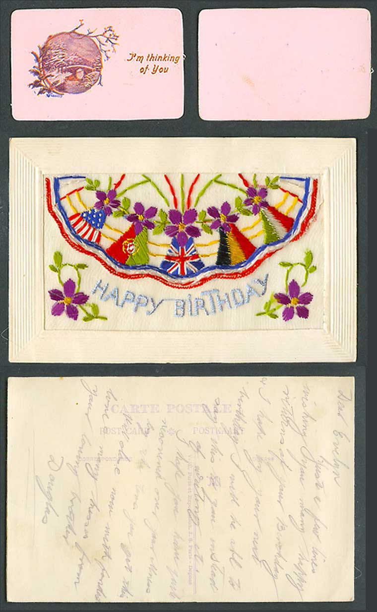 WW1 SILK Embroidered Old Postcard Happy Birthday Flags Flowers I'm Thinking of U