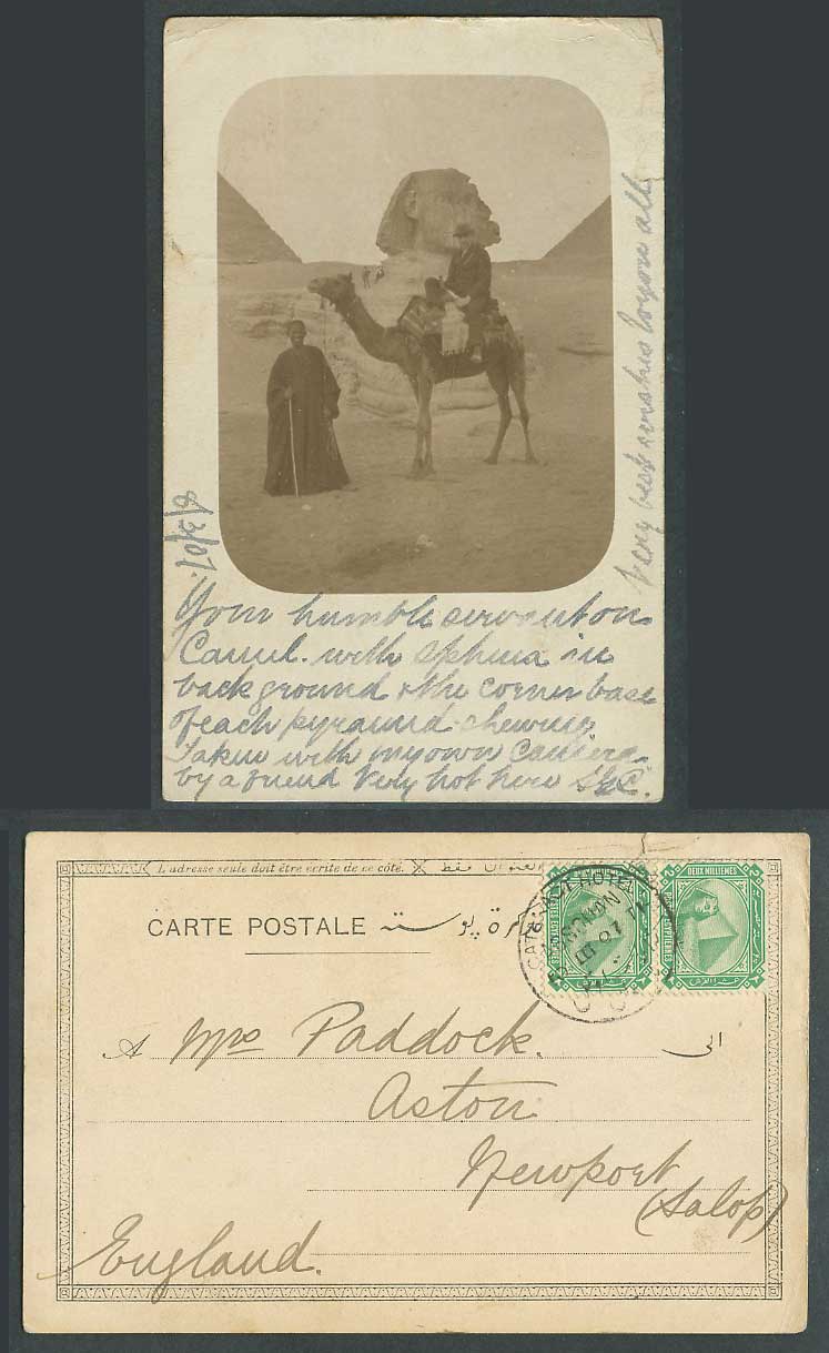 Egypt Cataract Hotel Pmk 1907 Old Real Photo Postcard Sphinx Pyramid Camel Rider