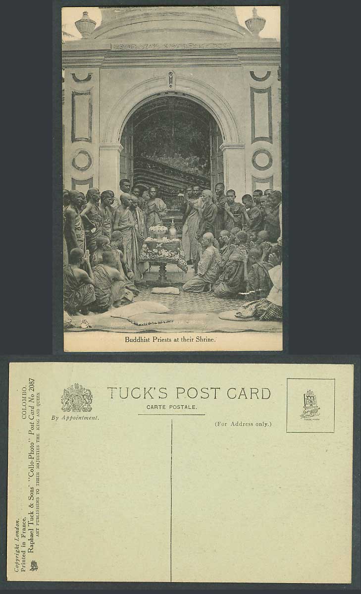 Ceylon Tuck's Old Postcard Buddhist Priests Monks at Their Shrine Temple Colombo