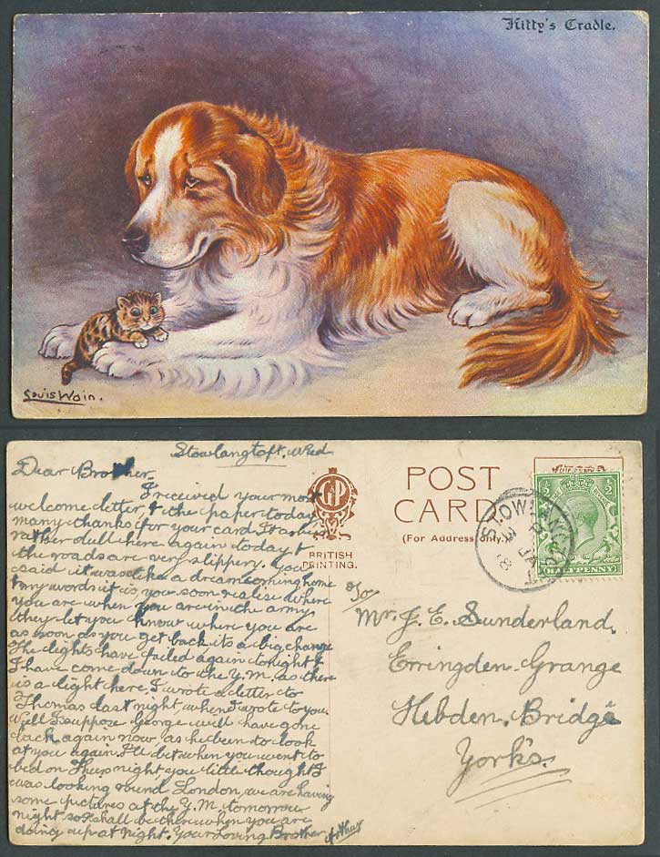 LOUIS WAIN Artist Signed Kitty's Cradle St. Bernard Dog Cat Kitten 1918 Postcard