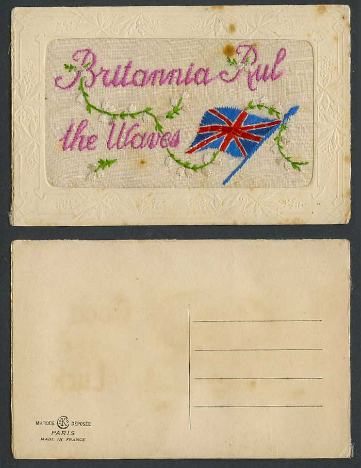 WW1 SILK Embroidered Old Postcard Britannia Rule The Waves, British Flag Flowers