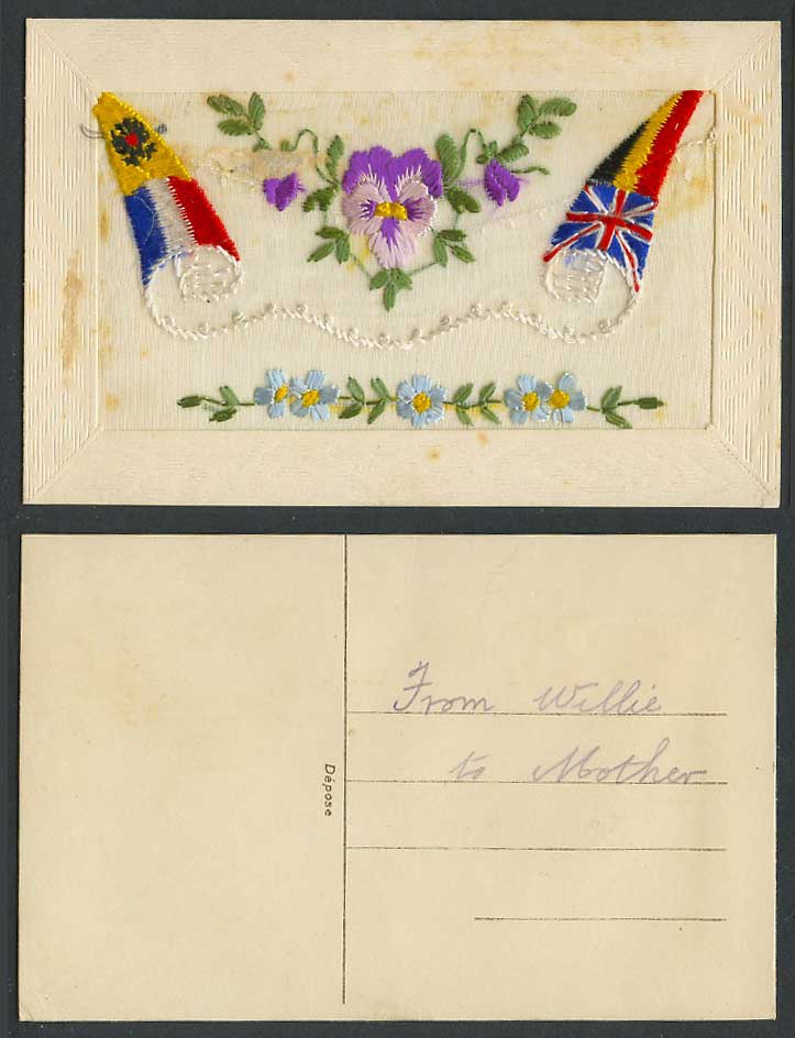 WW1 SILK Embroidered French Old Embossed Postcard Pansy Flowers, Flags, Novelty