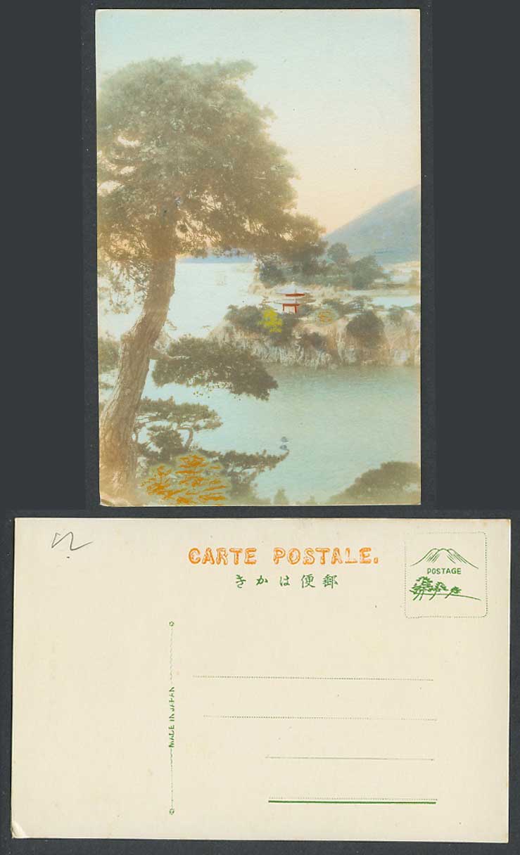 Japan Old Hand Tinted Postcard Pagoda Gazebo Pine Trees Panorama Cliffs Rocks