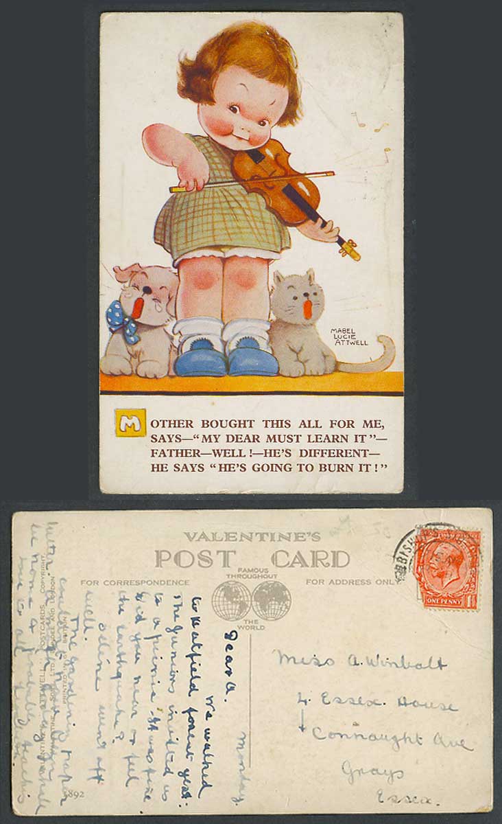 MABEL LUCIE ATTWELL 1931 Old Postcard Girl Playing VIOLIN Violinist Dog Cat 1892